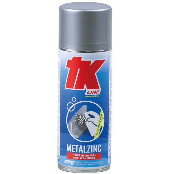Visning af TK Line zinkspray, tæt på etiketten og spraydyse.