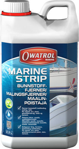 Owatrol Marine Strip, set forfra med et fokus på emballagen