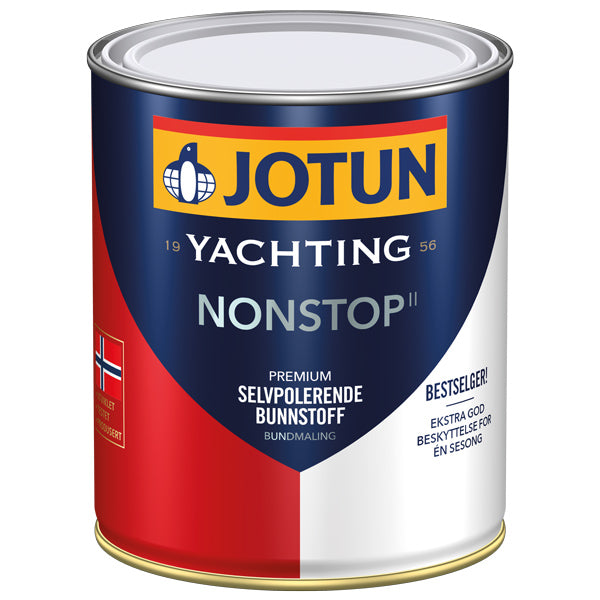 Jotun bundmaling i rød farve, set fra siden med label