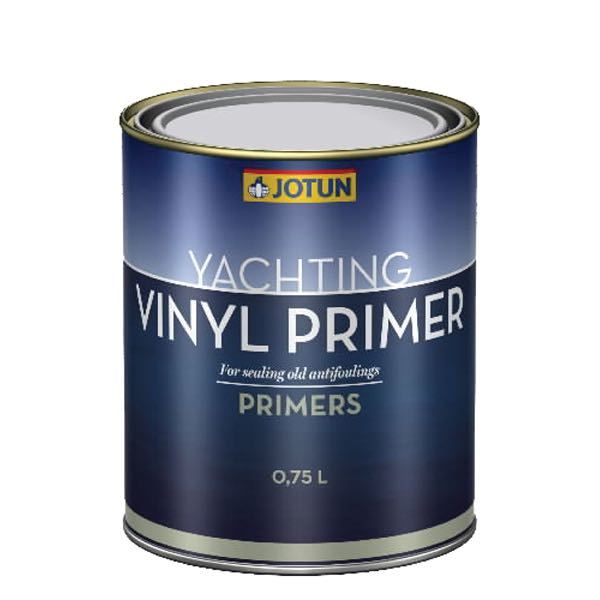 Jotun Vinyl Primer 2.5 l. i sølvgrå, stående på en værkstedsbænk.