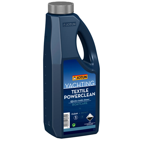 Jotun Textile Powerclean 1L i en flaske med håndtag til rengøring af bådudstyr