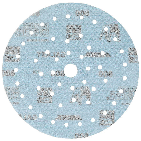 Mirka Galaxy sandpapir i 150 mm diameter, P80 kornstørrelse, liggende på en arbejdsplade.