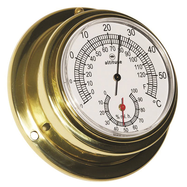 SeaTec Altitude termo/hygrometer i messing, set forfra med tydelig skala.