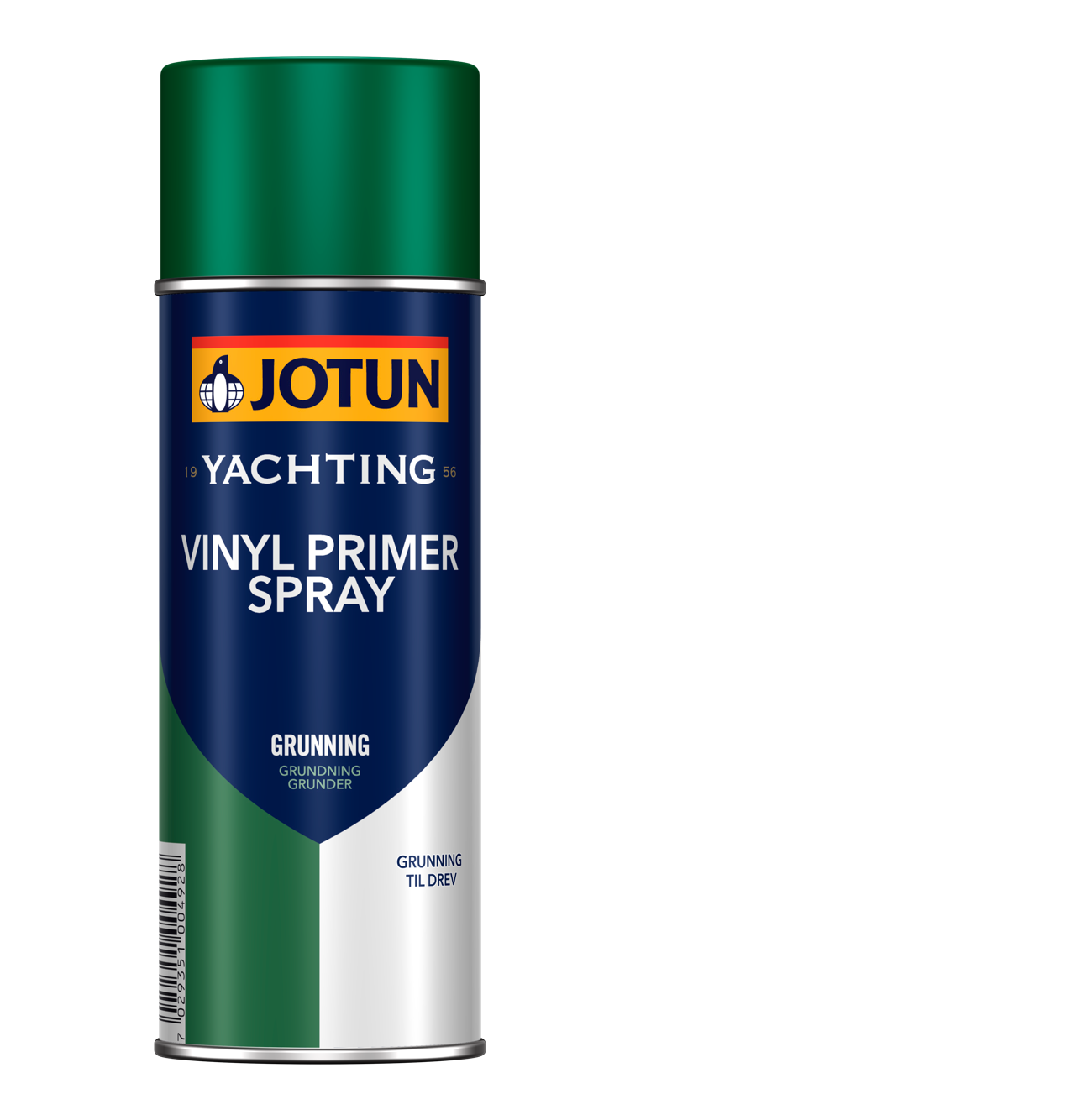 Jotun vinyl primer spray i sølvgrå, set forfra med et klart label.