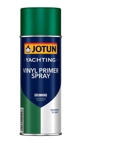 Jotun vinyl primer spray i sølvgrå, set forfra med et klart label.