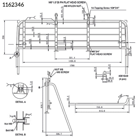 Set ovenfra, 1852 badeplatform med L-170cm og D-55cm dimensioner