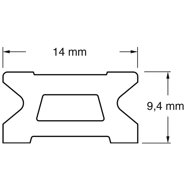 Oversigt over Ronstan skødeskinne 14mm, med fokus på endernes beslag.
