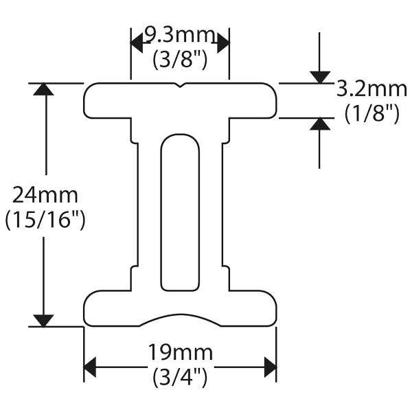 Ronstan 19mm i-skinne 1,5m, set fra siden med beslag vist.