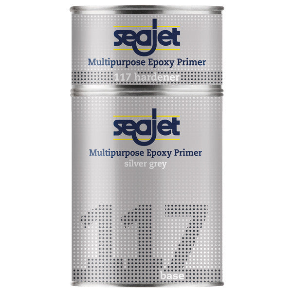 SeaJet 117 multipurpose epoxy primer i sølvgrå, præsenteret i 20L dunk.